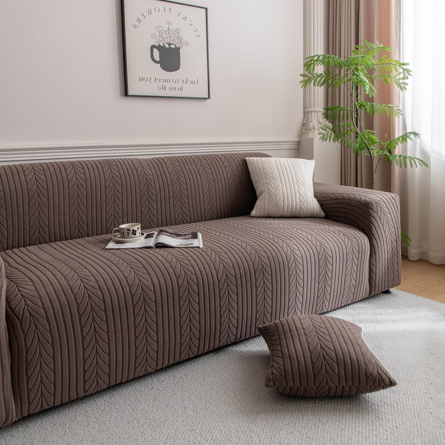 Plush Fleece Sofa Slipcover with 3D Wheat Pattern, Cozy High-Stretch Couch Cover