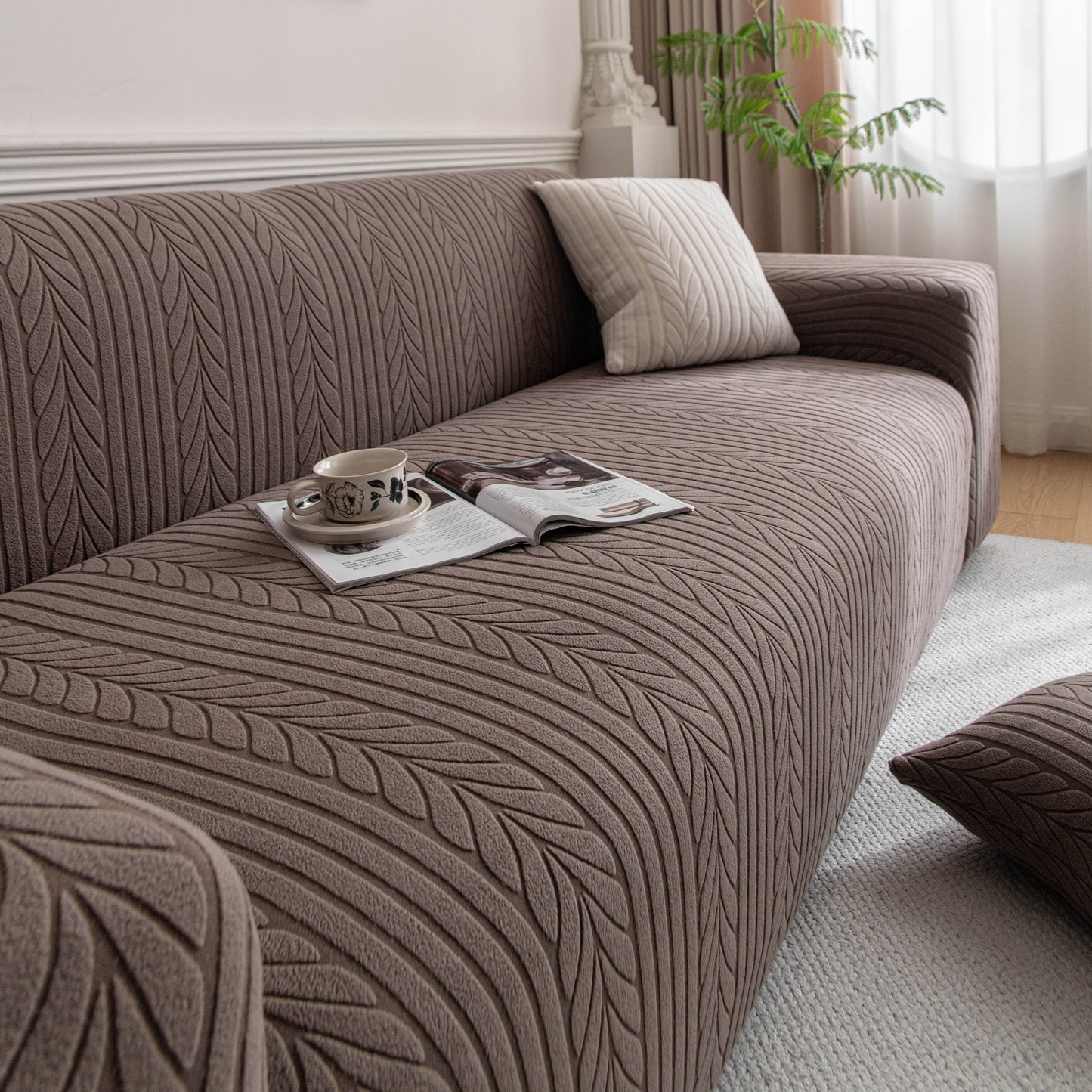 Plush Fleece Sofa Slipcover with 3D Wheat Pattern, Cozy High-Stretch Couch Cover