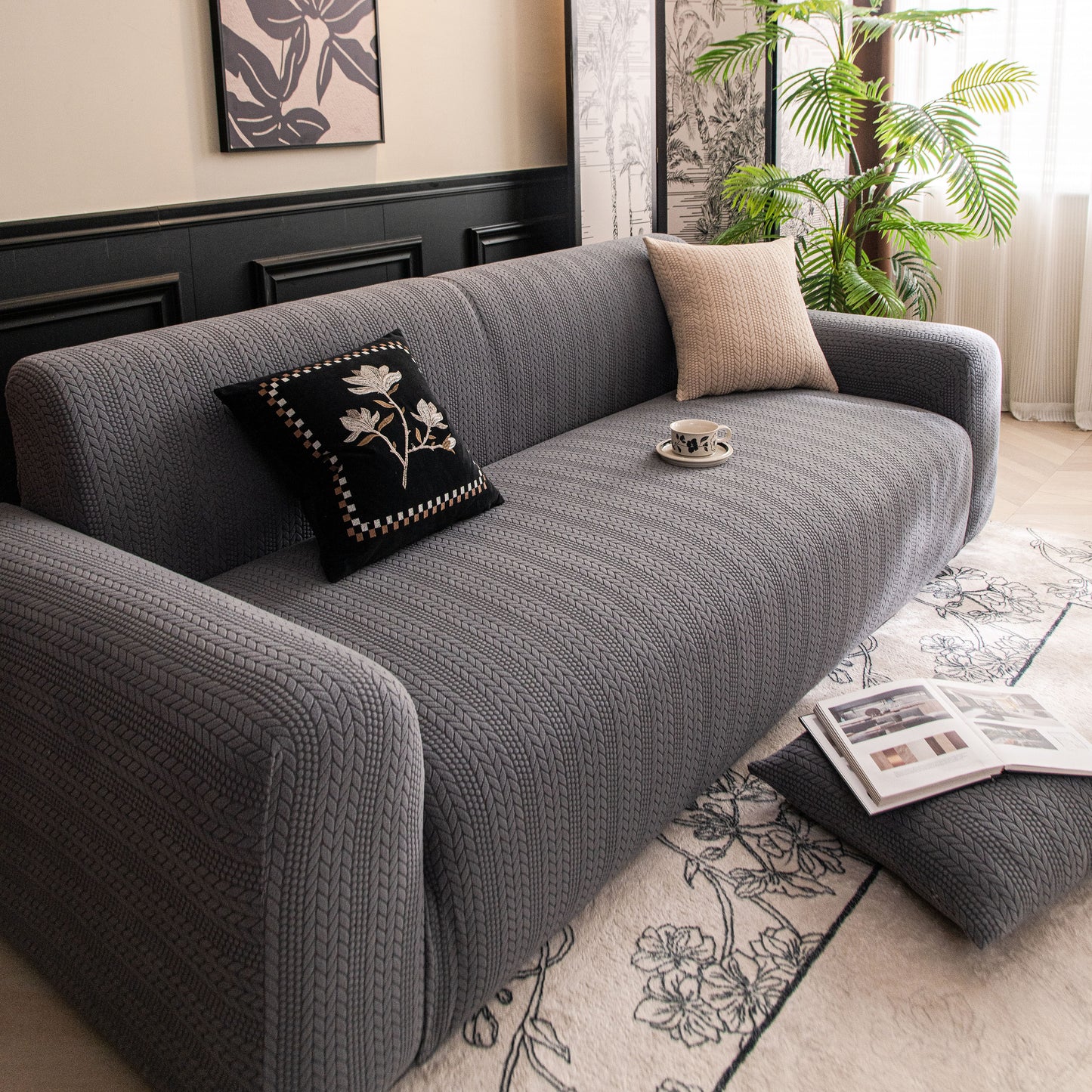 High Stretch Wheat Ear Embossed Textured Couch Slipcover, Water Repellent Sofa Cover