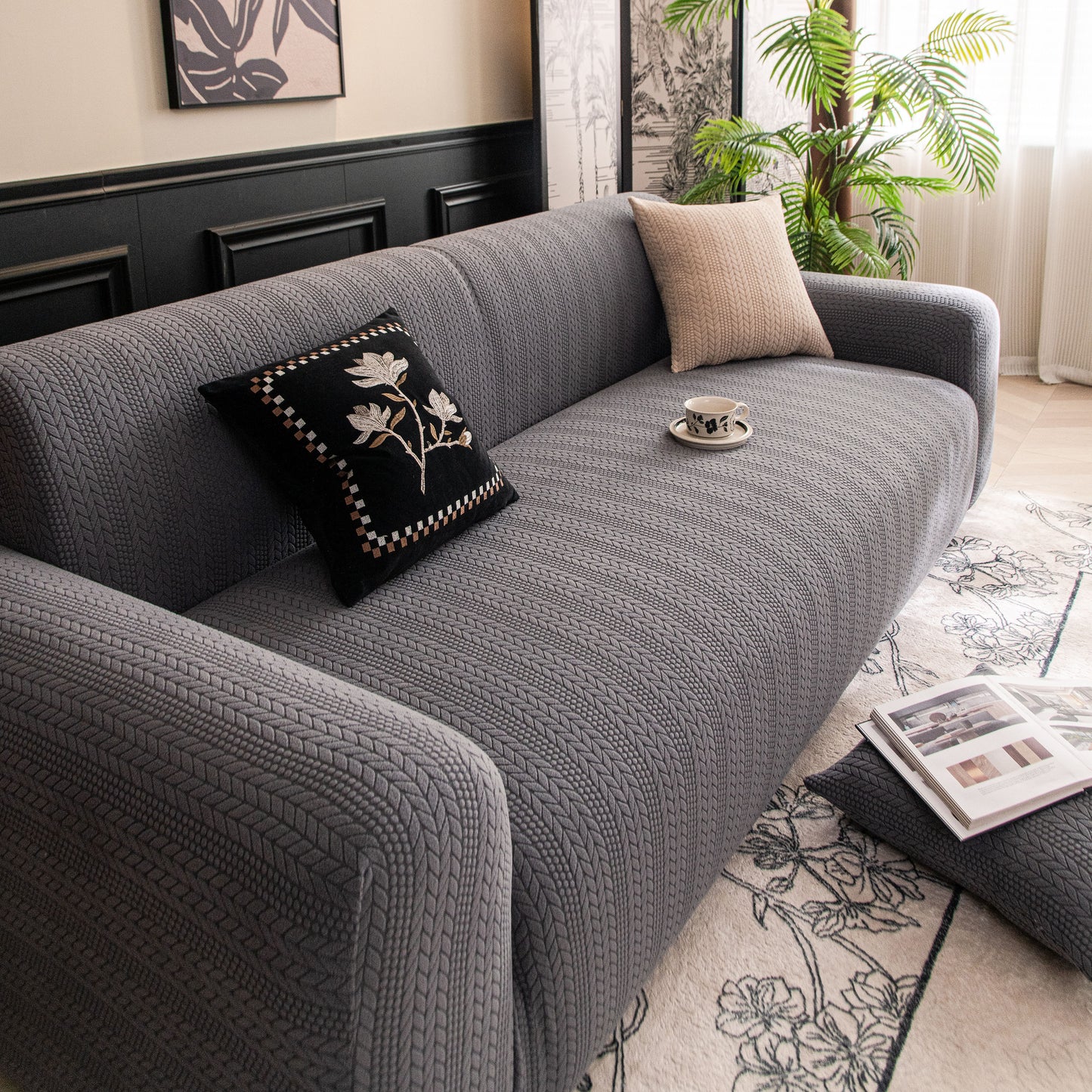 High Stretch Wheat Ear Embossed Textured Couch Slipcover, Water Repellent Sofa Cover