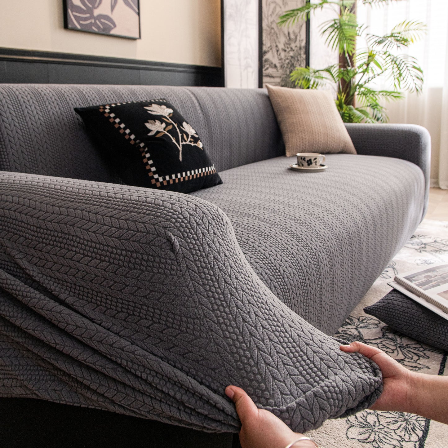 High Stretch Wheat Ear Embossed Textured Couch Slipcover, Water Repellent Sofa Cover