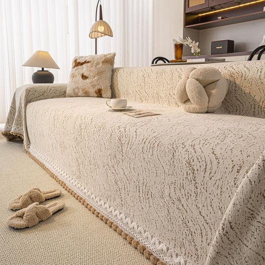 Luxury Elegant Chenille Sofa Throw Cover with Floral Embroidered Lace & Pom-Pom Trim
