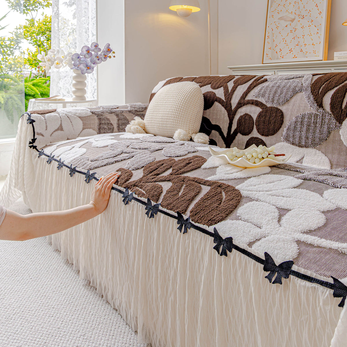 3D Floral Sofa Throw Cover, Soft Plush Couch Protector with Decorative Ruffled Skirt