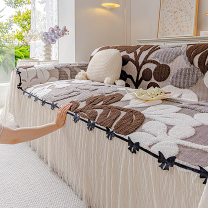 3D Floral Sofa Throw Cover, Soft Plush Couch Protector with Decorative Ruffled Skirt