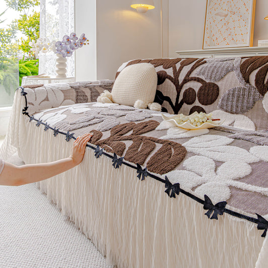 3D Floral Sofa Throw Cover, Soft Plush Couch Protector with Decorative Ruffled Skirt
