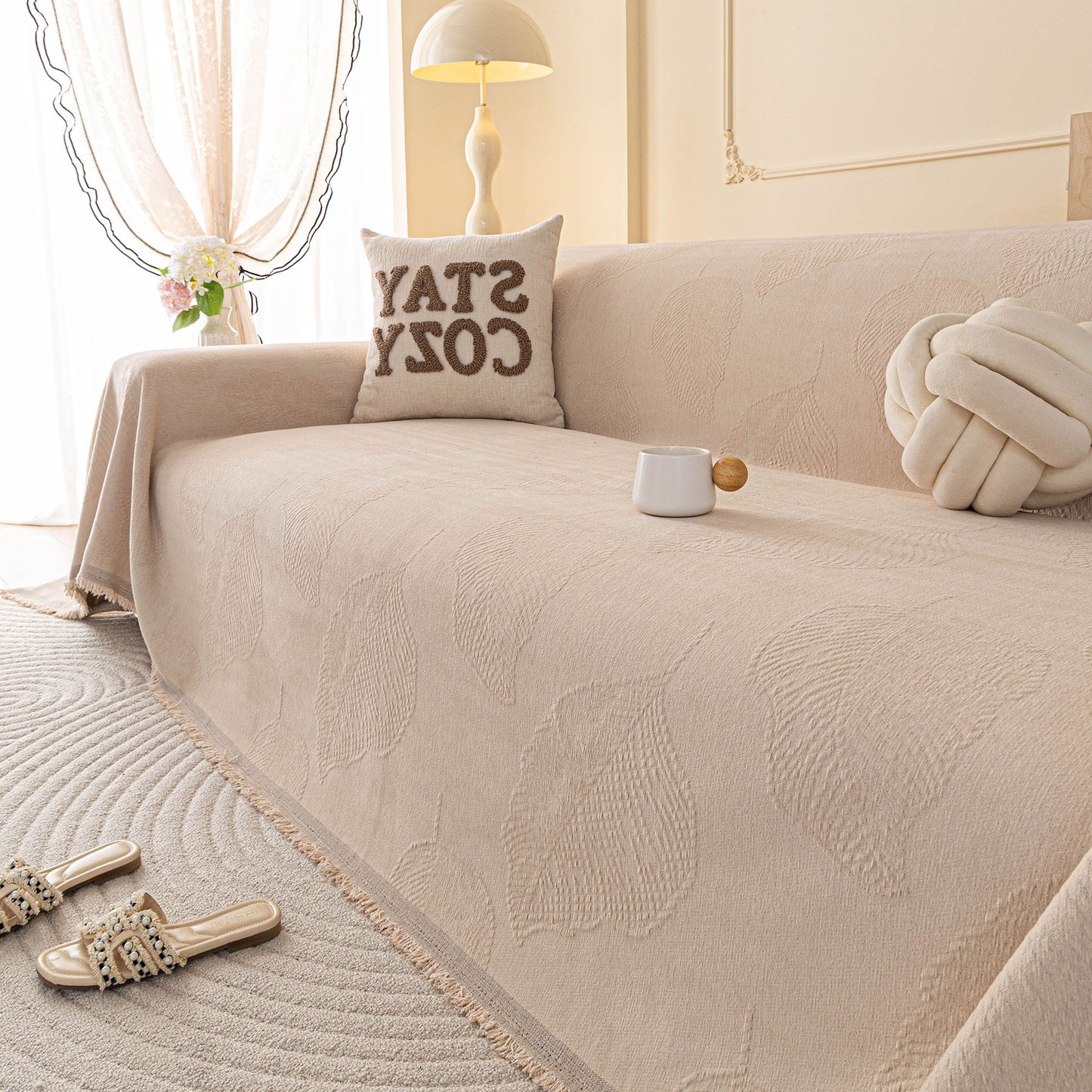 Embossed Leaf Pattern Couch Cover Throw Blanket, Japandi Furniture Cover Protector