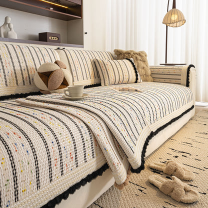 Textured Striped Sofa Cover with Plush Trim, Non-Slip Couch Protector Sectional Covers