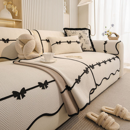 Chenille Herringbone Sofa Cover, Couch Protector with Bow Detail & Scalloped Trim