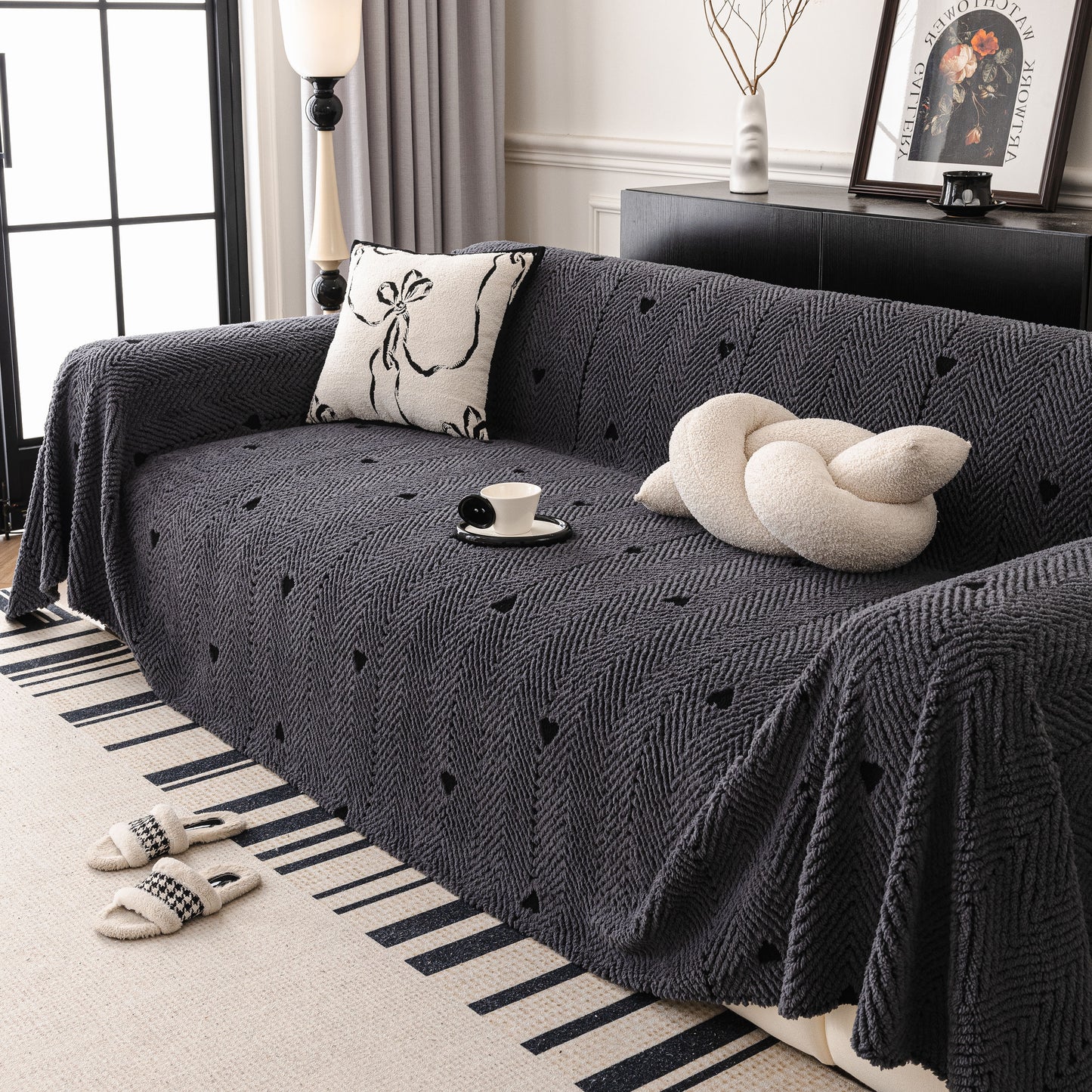 Thick Plush Sofa Cover Throw for Couch, 3D Textured Herringbone Washable Slipcover