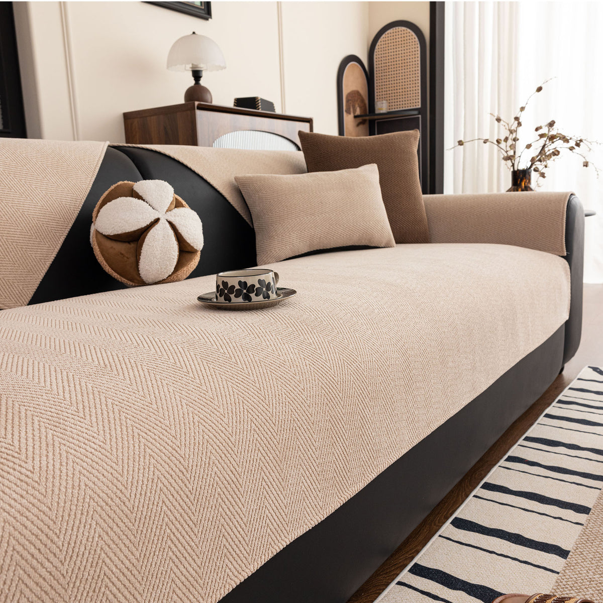 Chenille Textured Herringbone Sofa Cover, Non-Slip Couch Protector for Pets & Kids