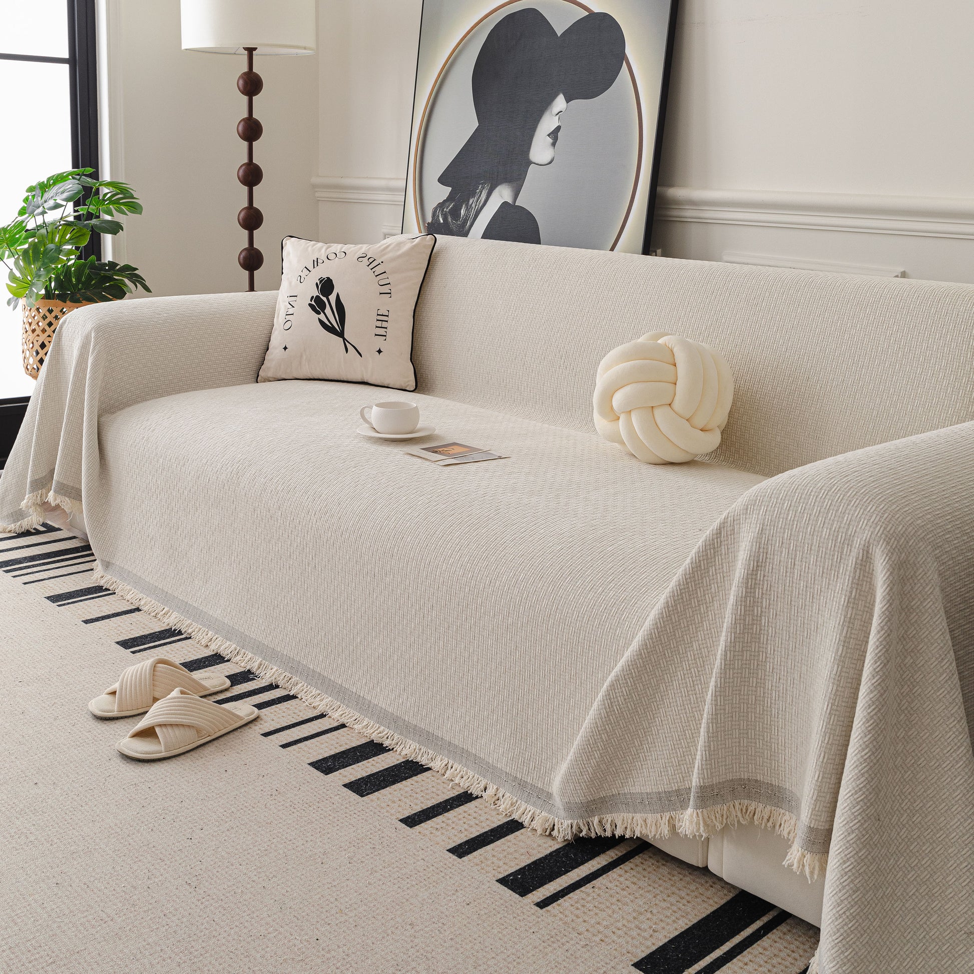 Textured Woven Modern Sofa Cover, Natural Blend Decorative Couch