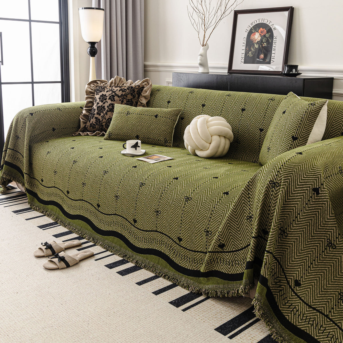 Green herringbone chenille sofa cover color option