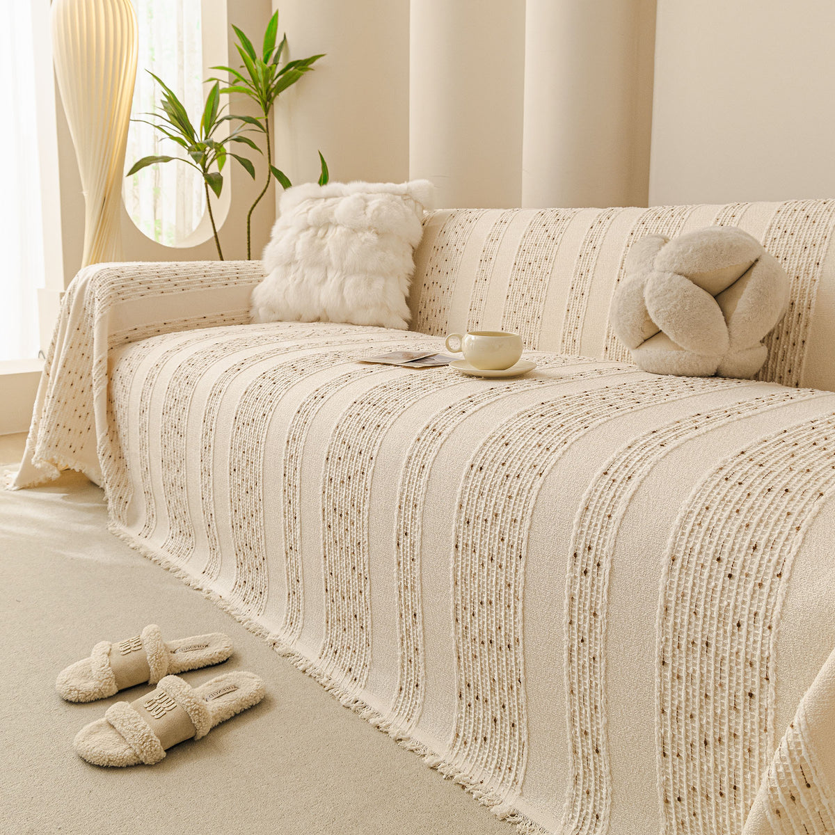 Textured Striped Sofa Throw Cover, Soft Woven Couch Protector with Fringe Edges