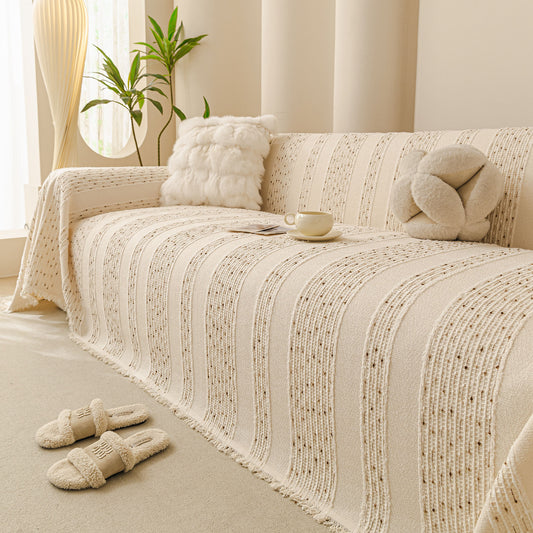 Textured Striped Sofa Throw Cover, Soft Woven Couch Protector with Fringe Edges