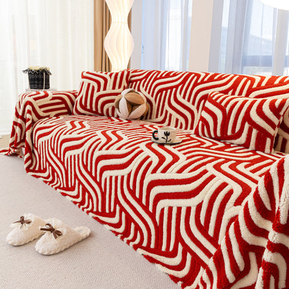 Plush Sherpa Sofa Throw Cover for Sectional, Jacquard Wave Throw Furniture Protector