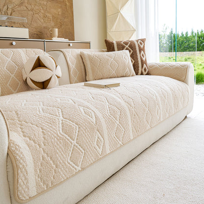 Thickened Plush Sofa Cover, Textured Geometric Couch Protector with Non-Slip Backing