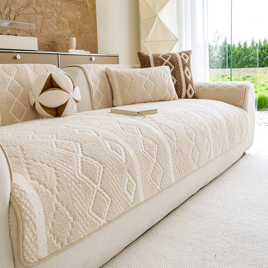 Thickened Plush Sofa Cover, Textured Geometric Couch Protector with Non-Slip Backing