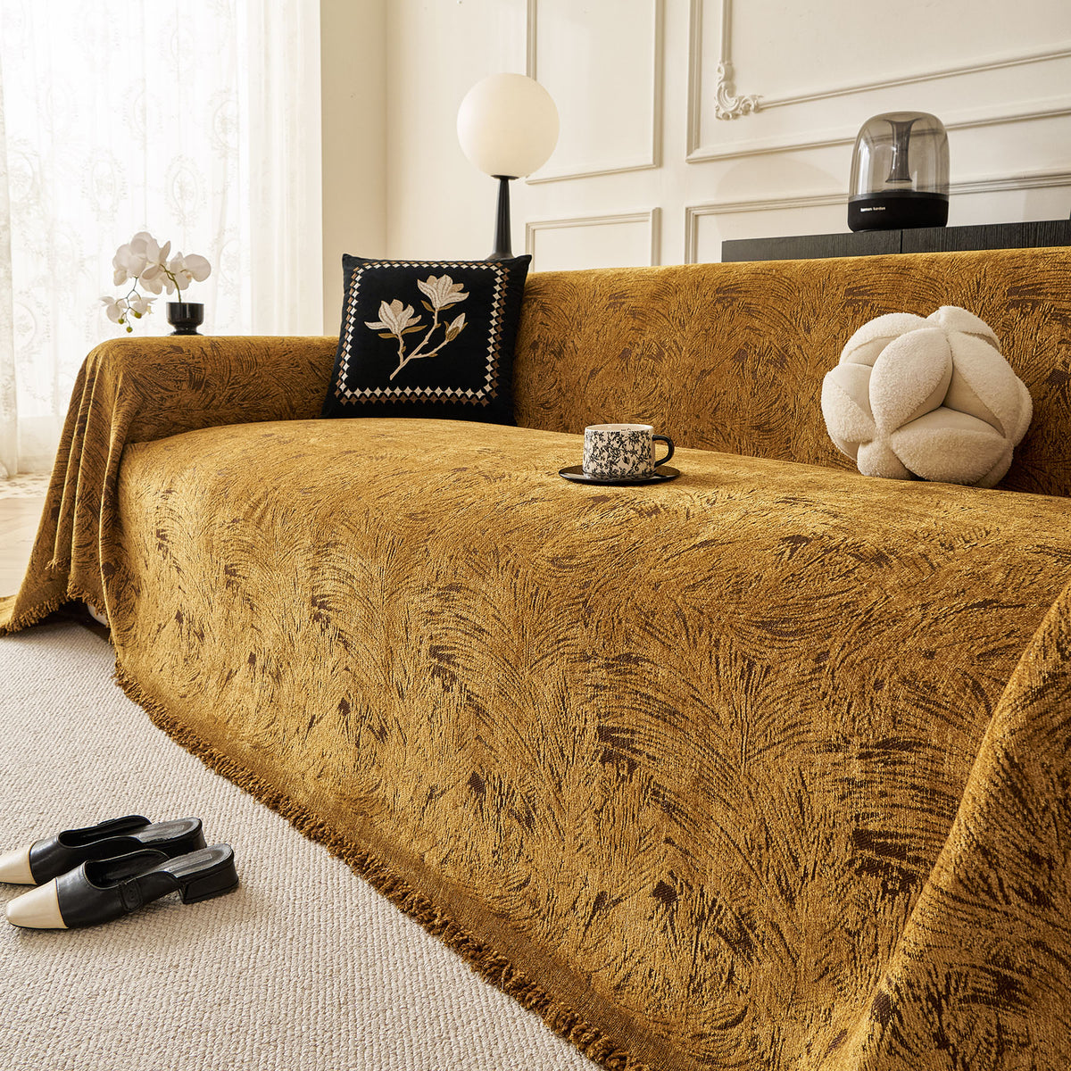 Abstract Feather Chenille Sofa Throw Cover, Decorative Washable Durable Couch Cover
