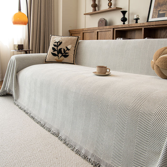 Oversized Classic Textured Herringbone Sofa Throw Cover, Raised Woven Couch Protector