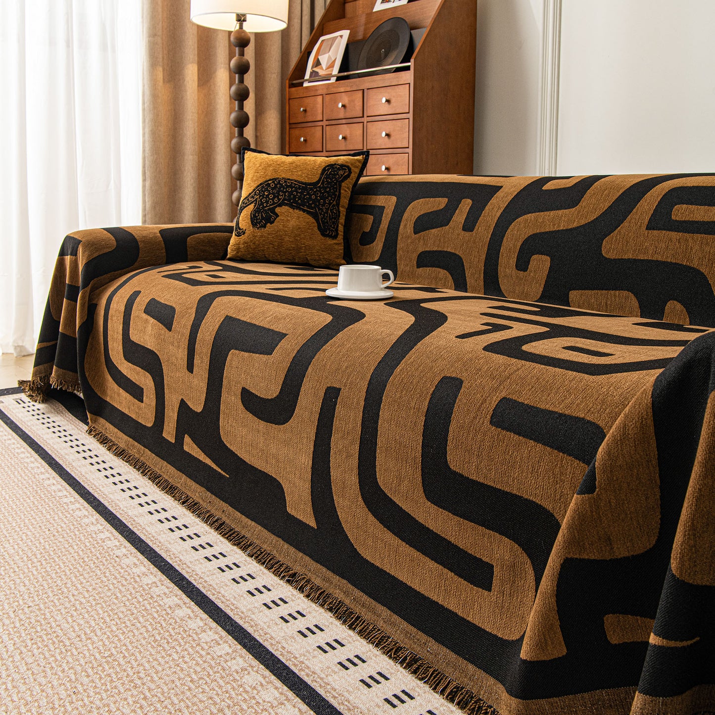 Modern Boho Chenille Sofa Cover Throw Blanket, Abstract Geometric Pattern Couch Cover