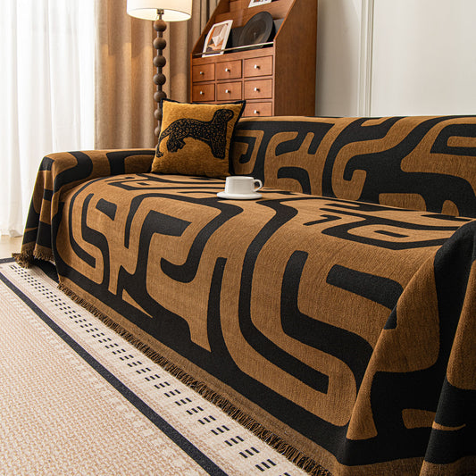 Modern Boho Chenille Sofa Cover Throw Blanket, Abstract Geometric Pattern Couch Cover