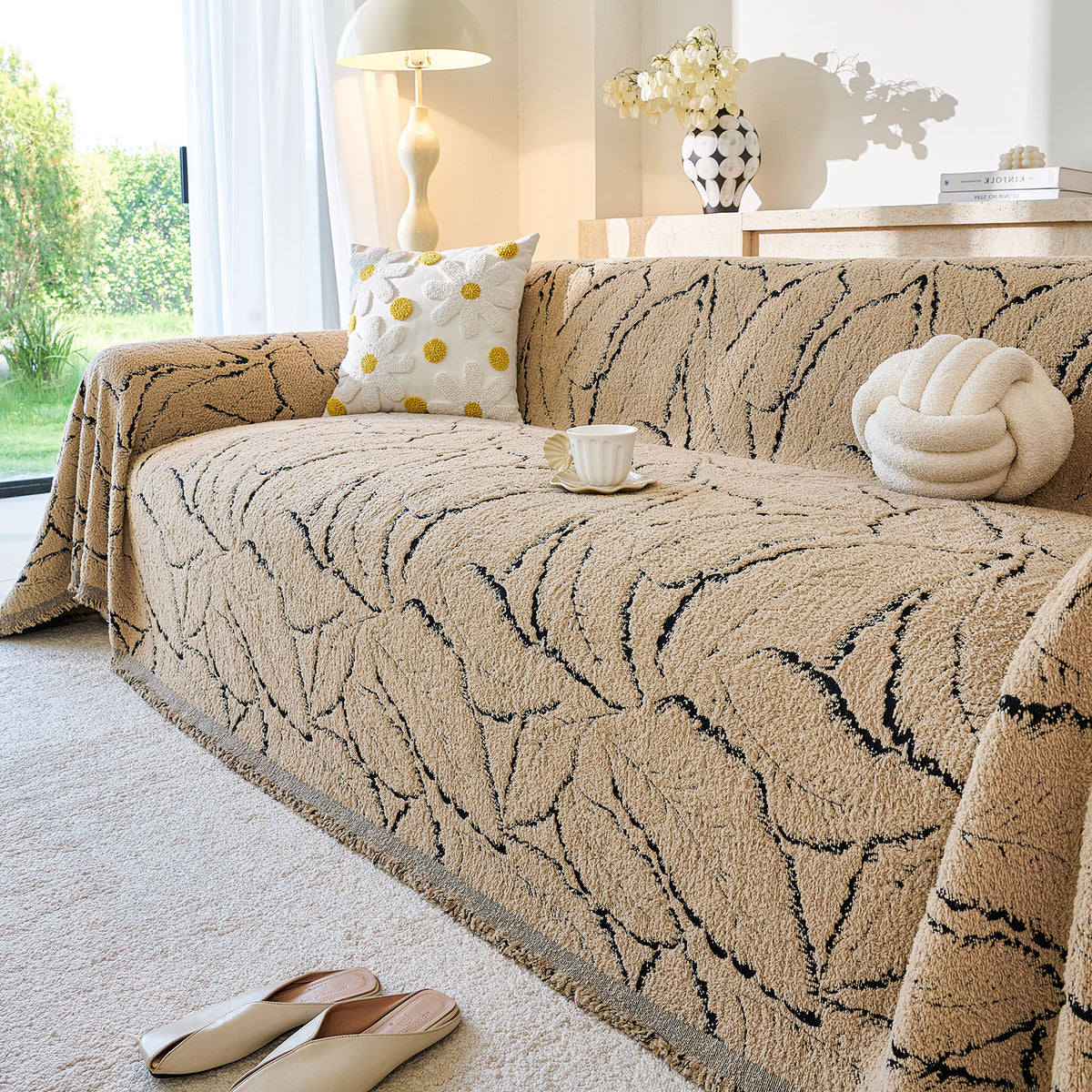 Boho Botanical Plush Sofa Throw Cover, Textured Leaf Pattern Slip Covers for Furniture