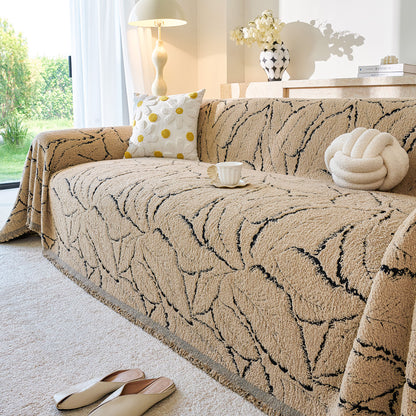 Boho Botanical Plush Sofa Throw Cover, Textured Leaf Pattern Slip Covers for Furniture