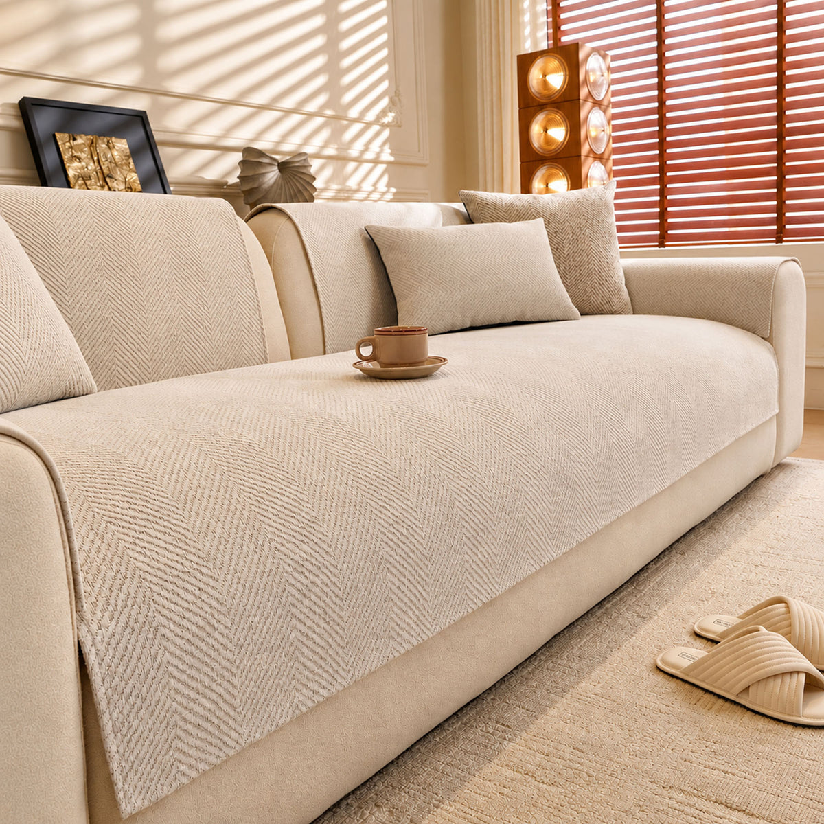 Chenille Herringbone Sofa Protector, Soft Non-Slip Couch Cover with Silicone Backing