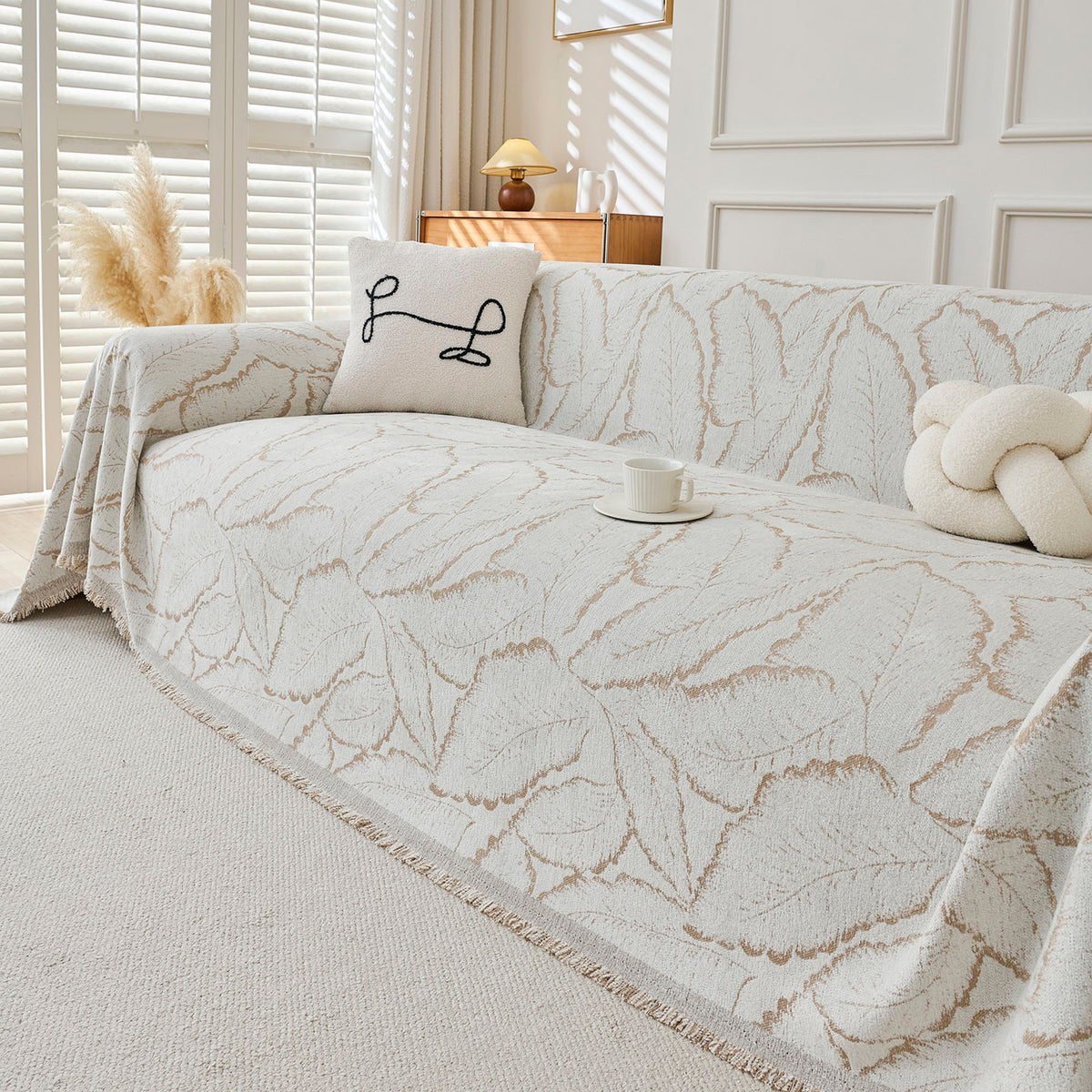 Oversized Leaf Sofa Throw Cover, Botanical Textured Couch Cover for Sectional Sofa
