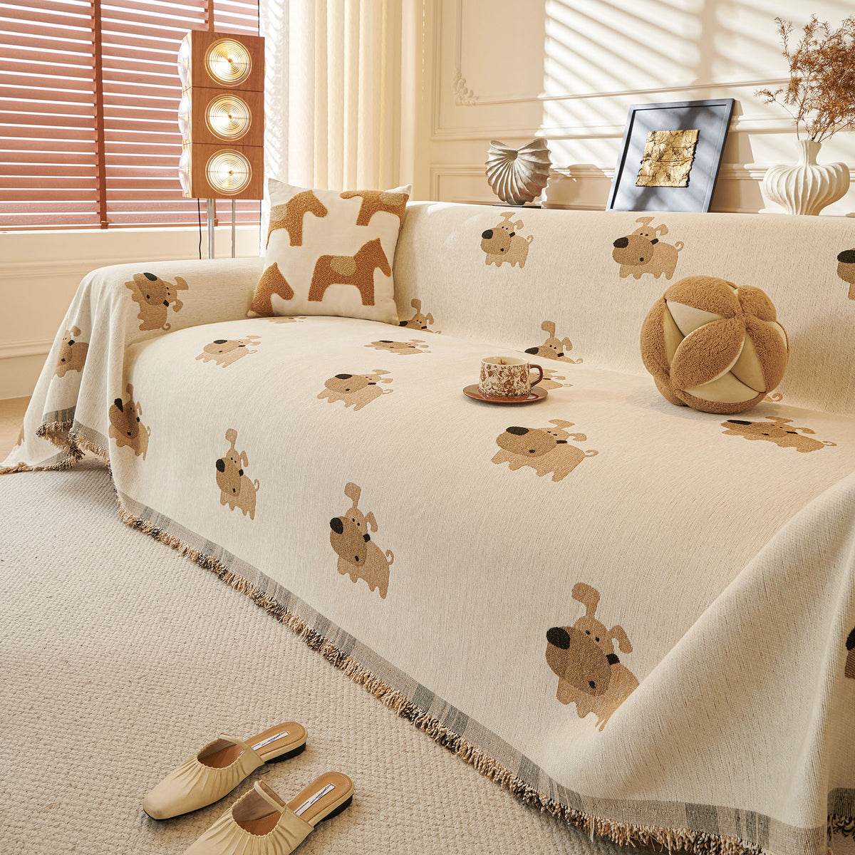 Cute Dog Pattern Chenille Sofa Throw Cover, Textured Woven Furniture Covers for Pets