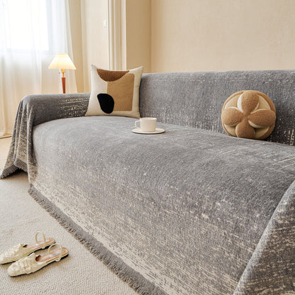 Distressed Abstract Chenille Sofa Throw Cover, Decorative Couch Protector with Tassels