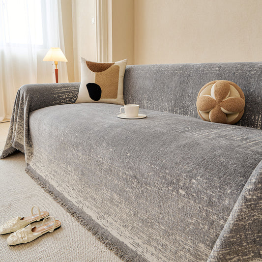 Distressed Abstract Chenille Sofa Throw Cover, Decorative Couch Protector with Tassels