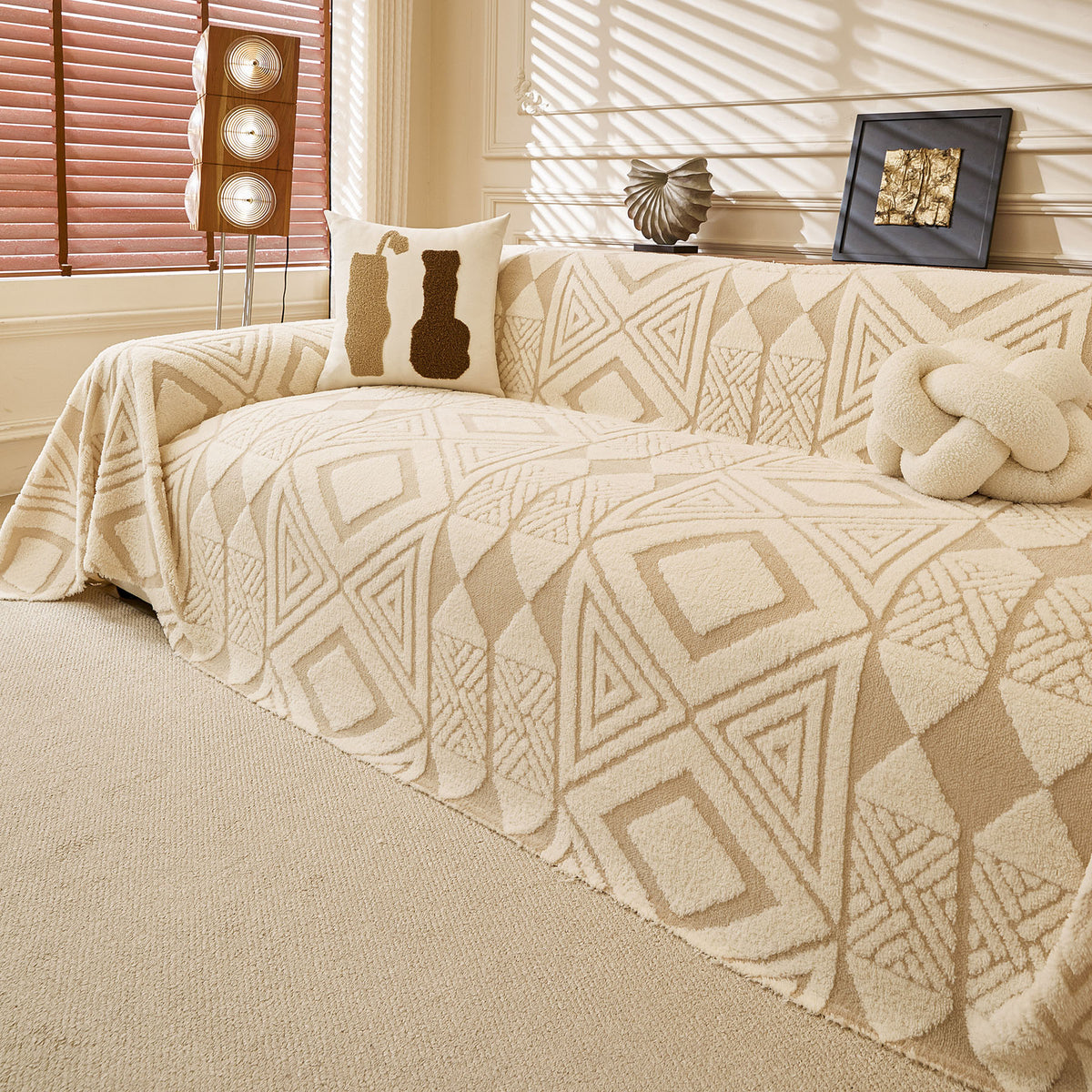 Modern Boho Geometric Plush Sofa Throw Cover, Soft Cozy Textured Slip Cover for Couch