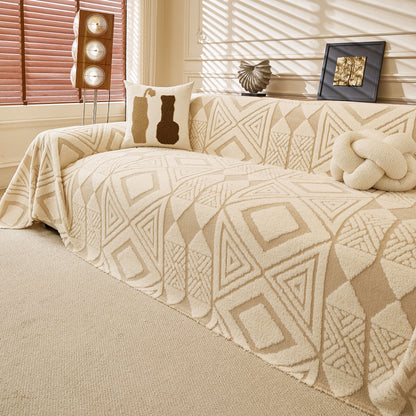 Modern Boho Geometric Plush Sofa Throw Cover, Soft Cozy Textured Slip Cover for Couch