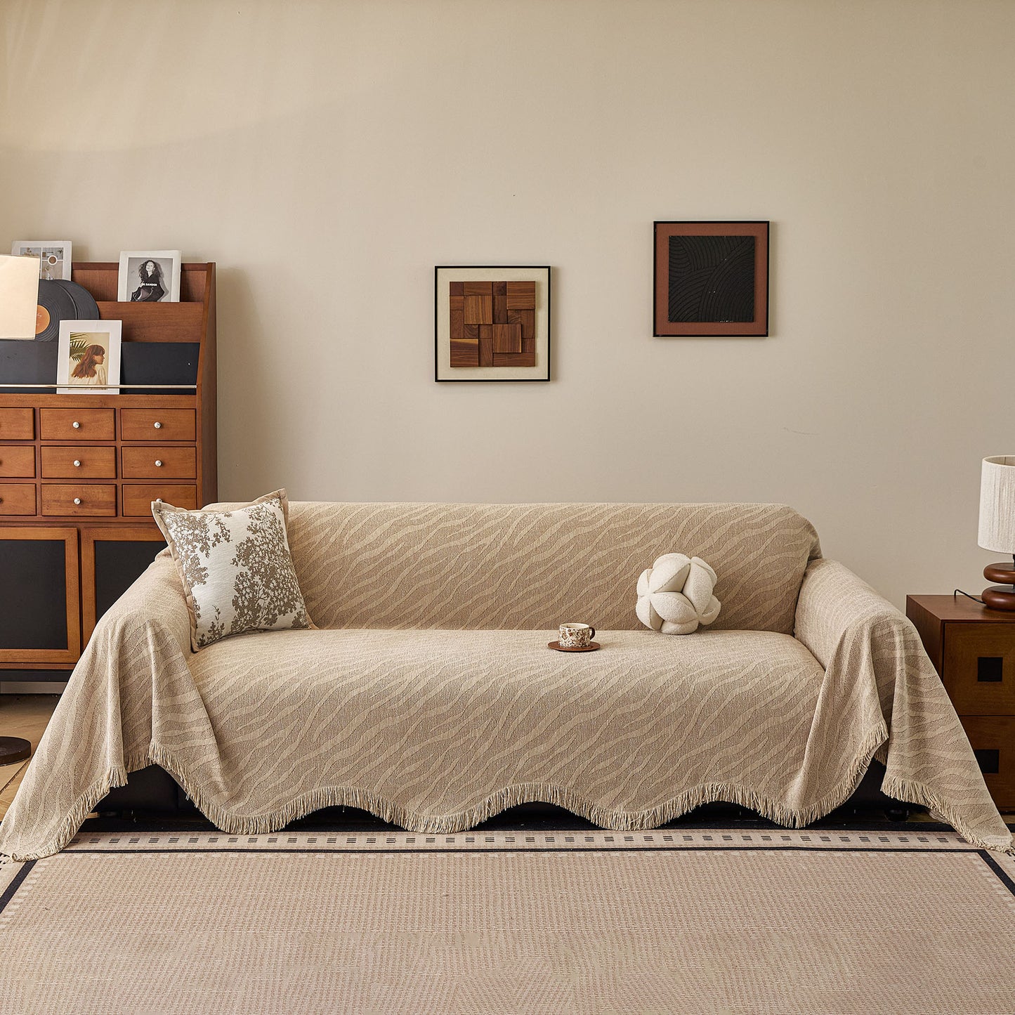 Wavy Wave Pattern Woven Couch Cover with Fringe Tassel, Soft Furniture Cover Protector