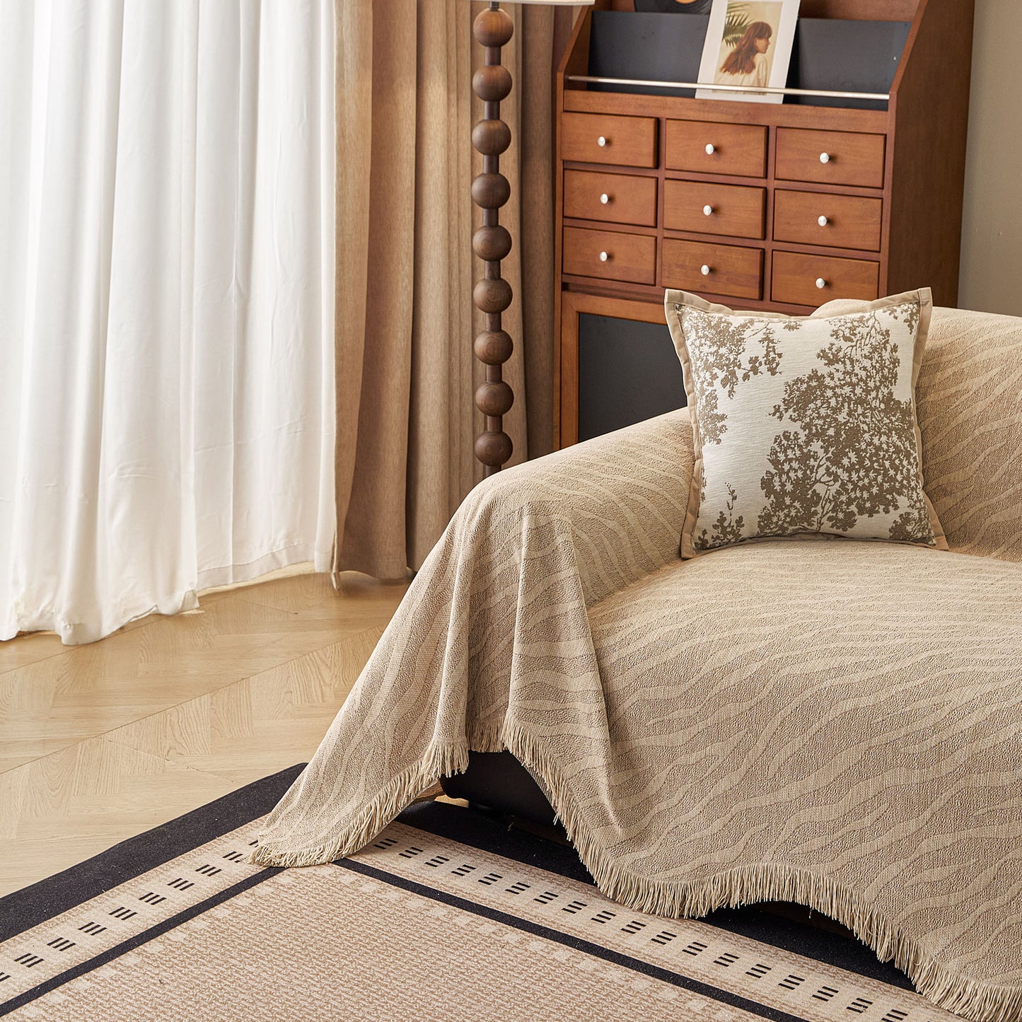 Wavy Wave Pattern Woven Couch Cover with Fringe Tassel, Soft Furniture Cover Protector