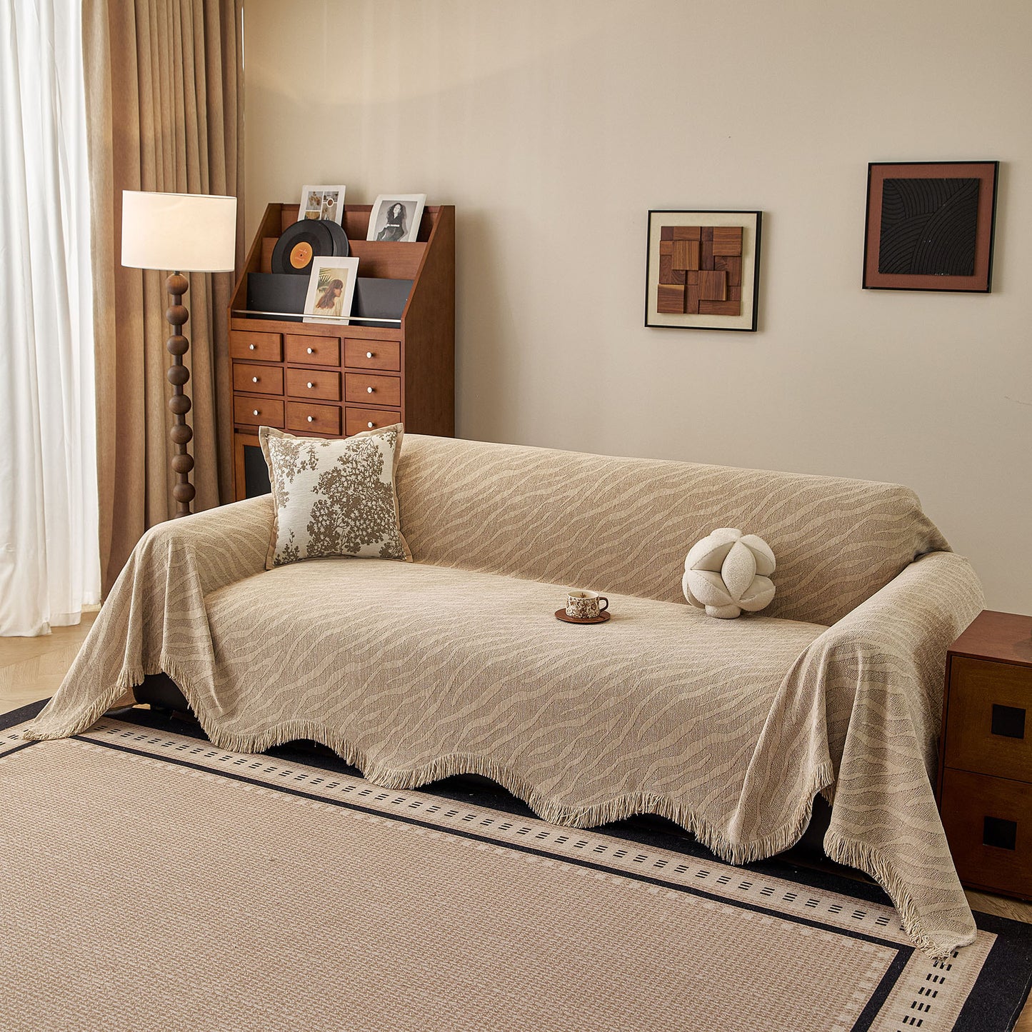 Wavy Wave Pattern Woven Couch Cover with Fringe Tassel, Soft Furniture Cover Protector