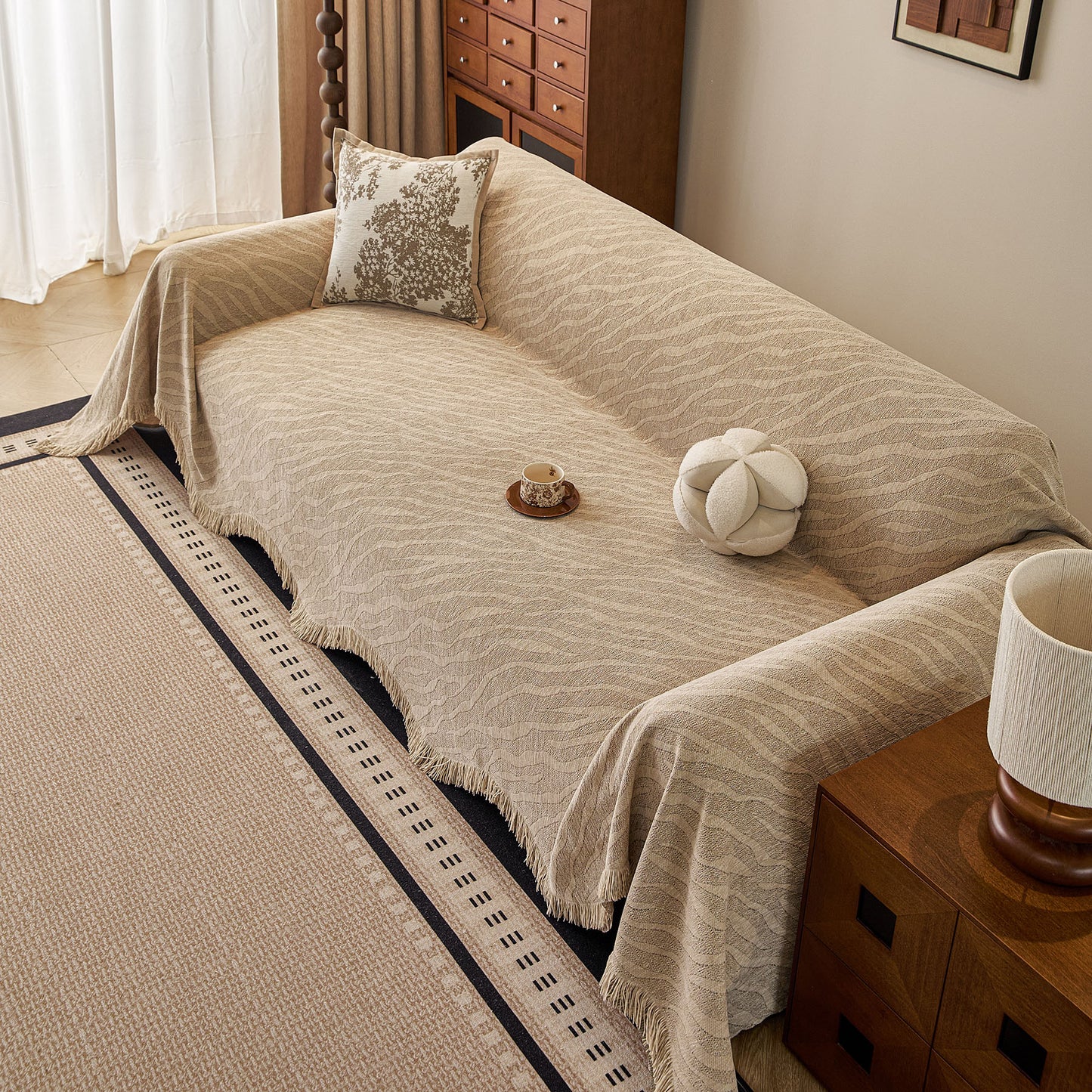Wavy Wave Pattern Woven Couch Cover with Fringe Tassel, Soft Furniture Cover Protector
