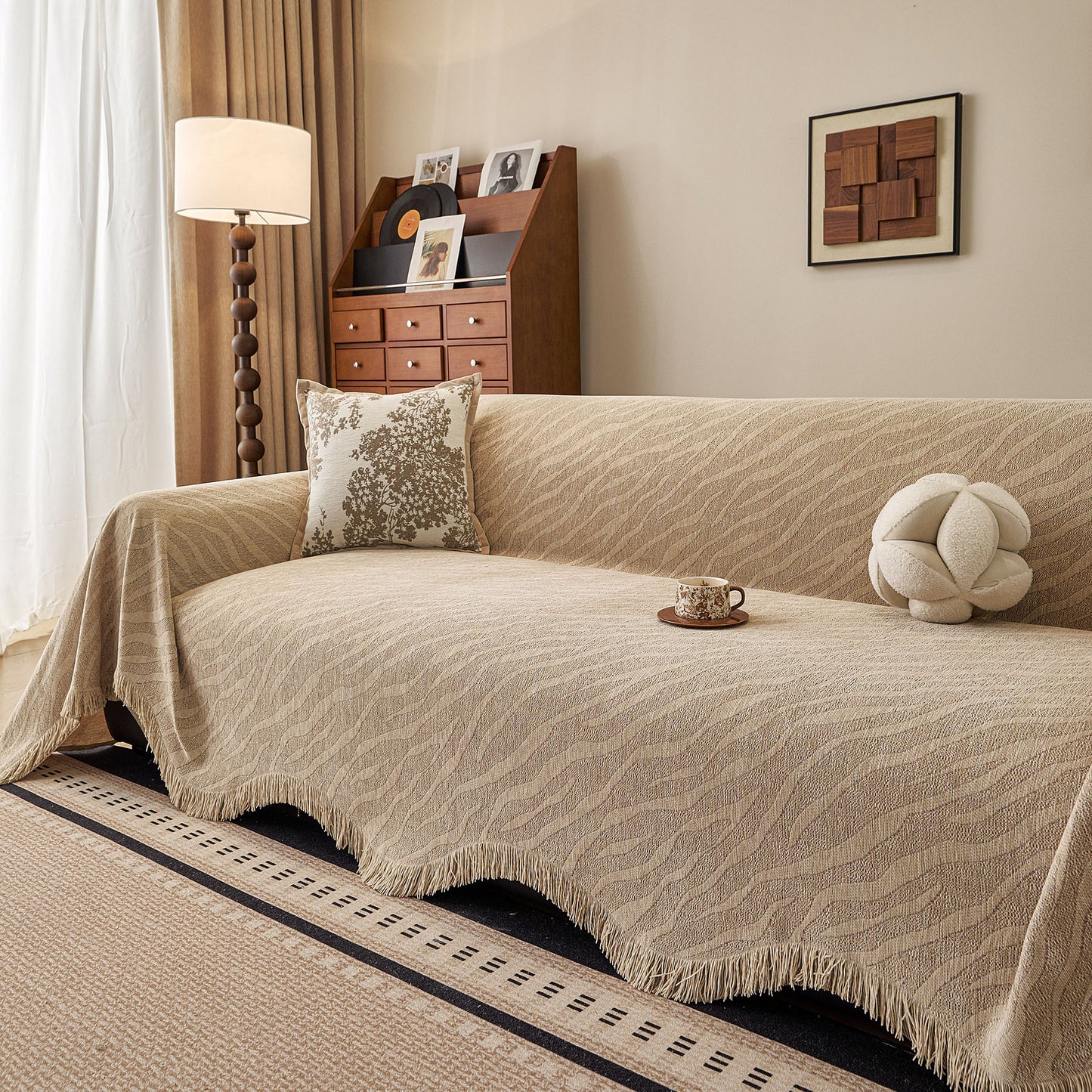 Wavy Wave Pattern Woven Couch Cover with Fringe Tassel, Soft Furniture Cover Protector