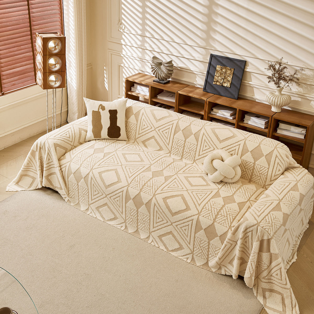 Modern Boho Geometric Plush Sofa Throw Cover, Soft Cozy Textured Slip Cover for Couch