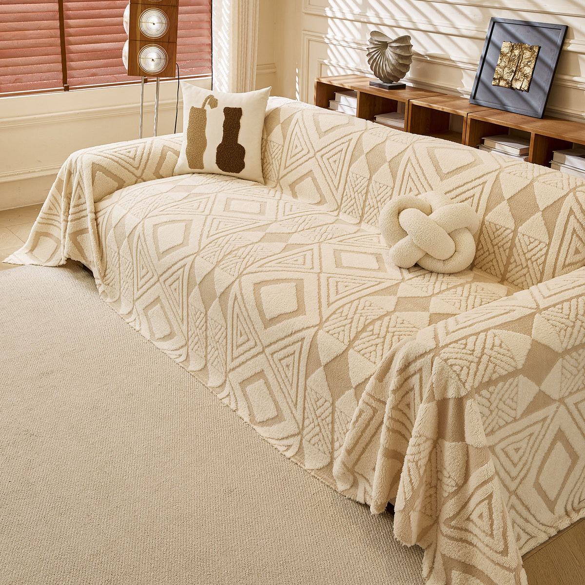 Modern Boho Geometric Plush Sofa Throw Cover, Soft Cozy Textured Slip Cover for Couch