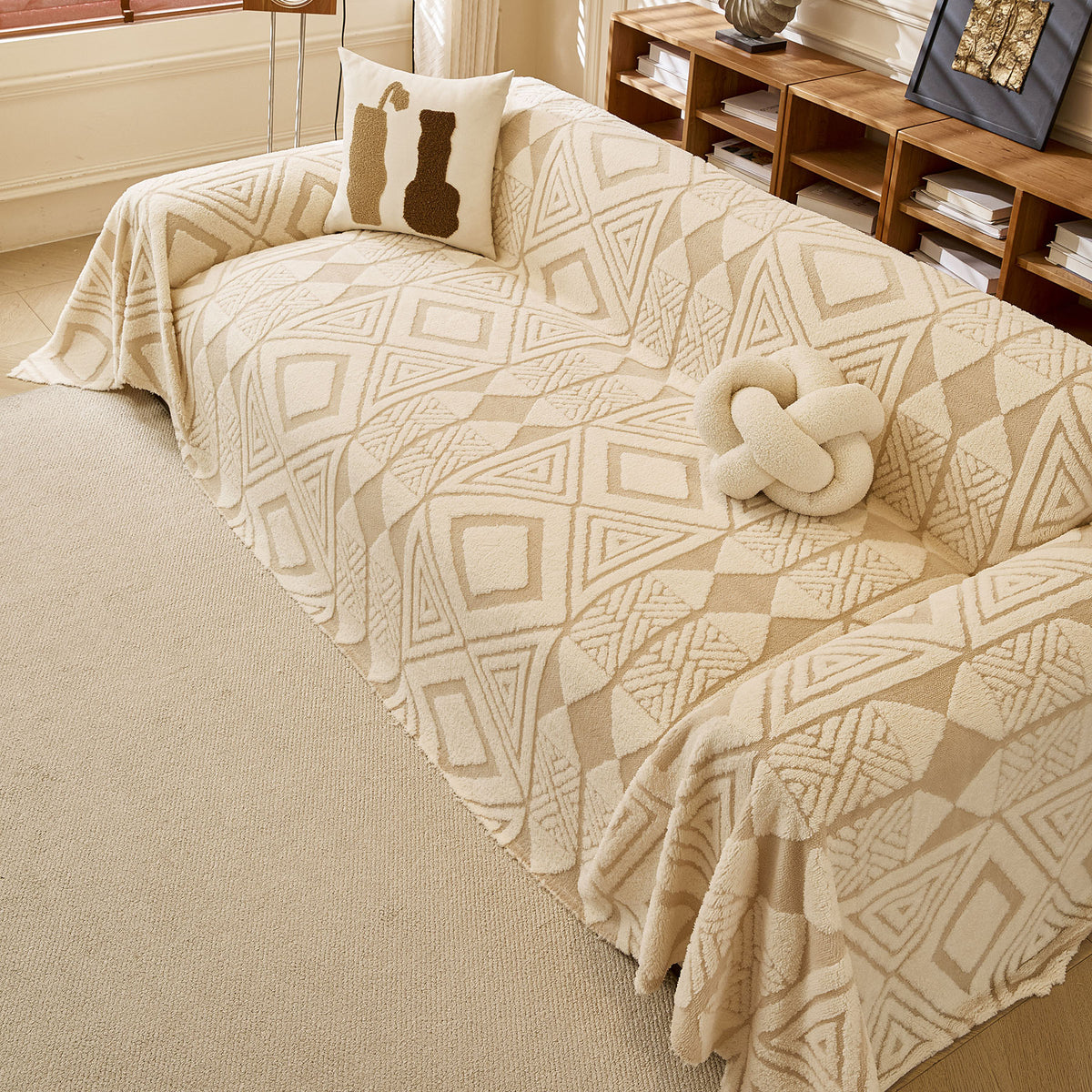 Modern Boho Geometric Plush Sofa Throw Cover, Soft Cozy Textured Slip Cover for Couch