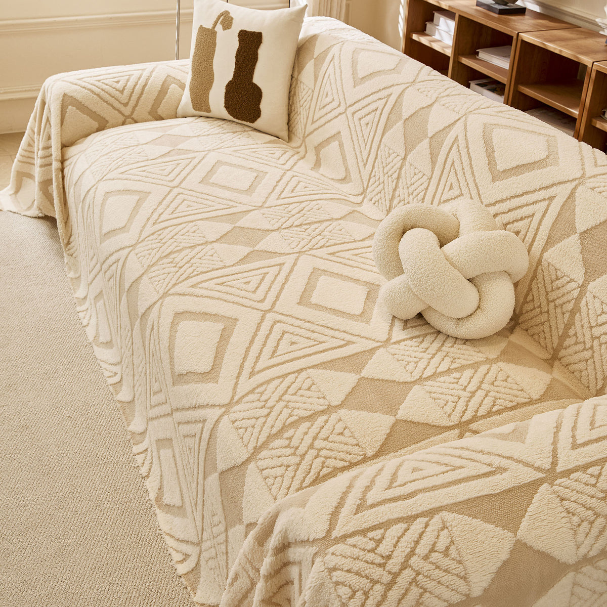 Modern Boho Geometric Plush Sofa Throw Cover, Soft Cozy Textured Slip Cover for Couch