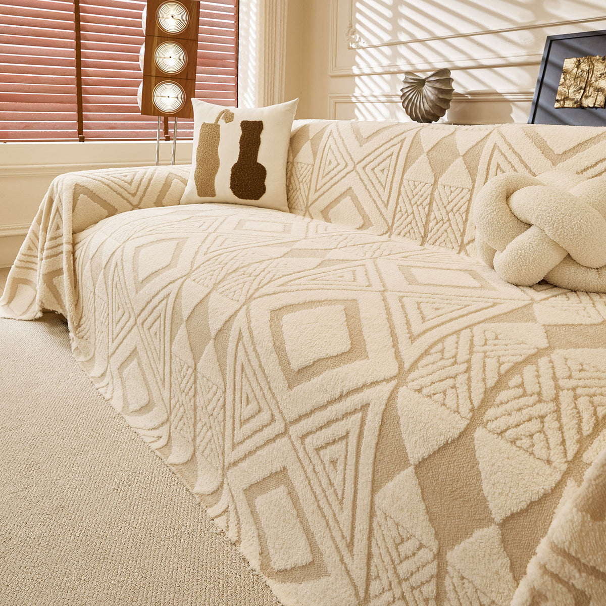Modern Boho Geometric Plush Sofa Throw Cover, Soft Cozy Textured Slip Cover for Couch