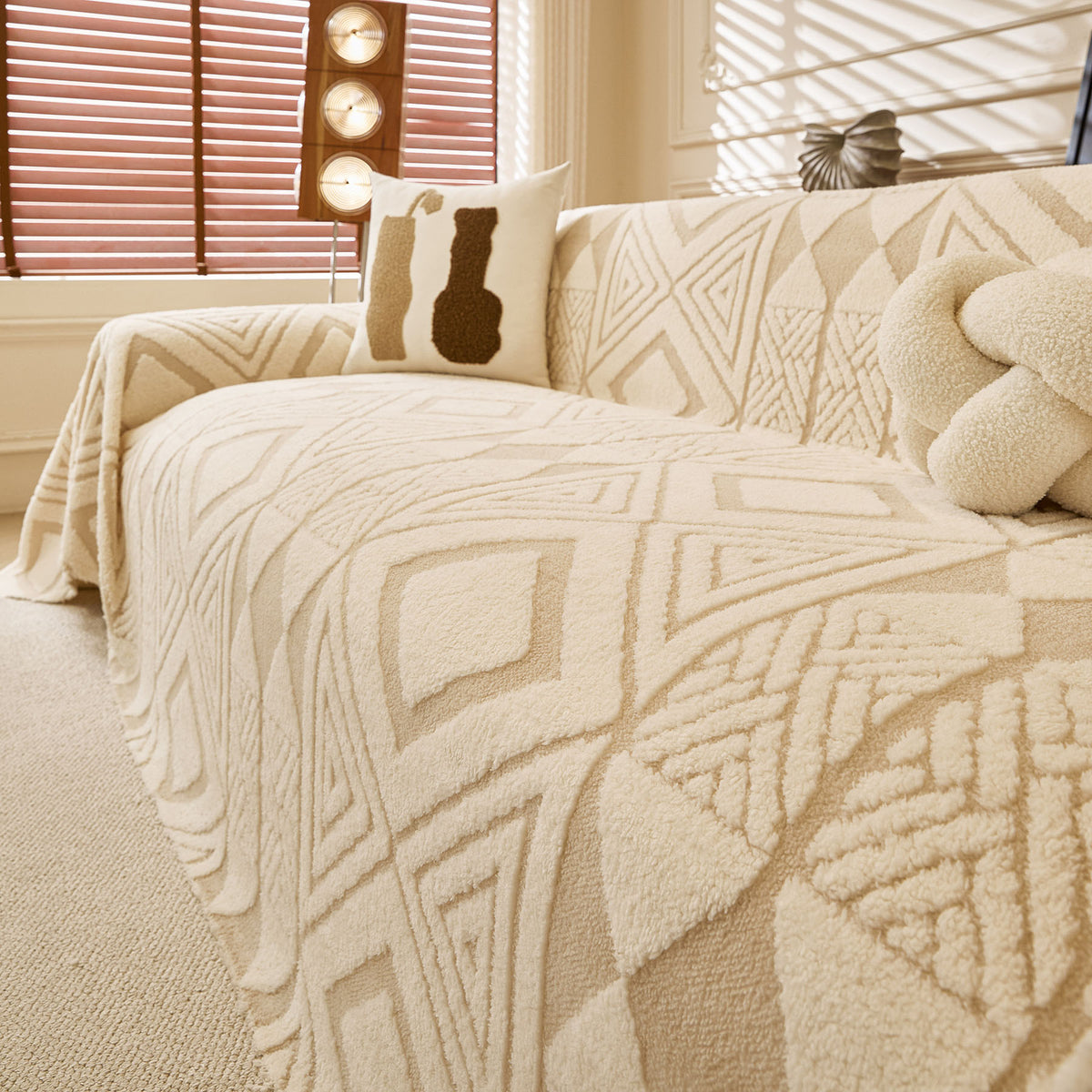 Modern Boho Geometric Plush Sofa Throw Cover, Soft Cozy Textured Slip Cover for Couch