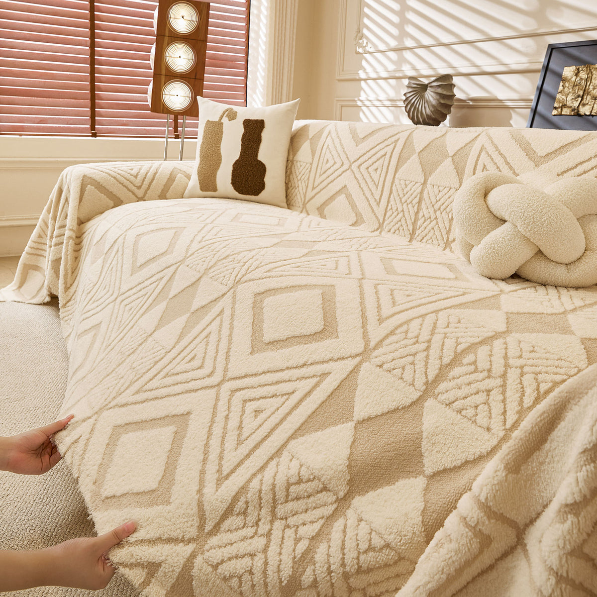 Modern Boho Geometric Plush Sofa Throw Cover, Soft Cozy Textured Slip Cover for Couch