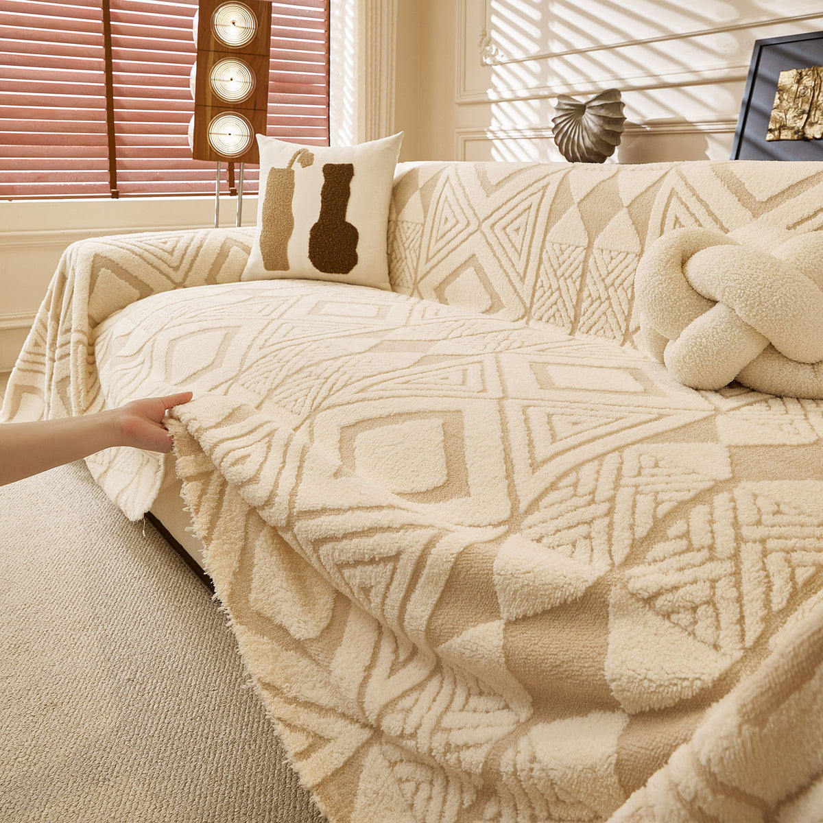 Modern Boho Geometric Plush Sofa Throw Cover, Soft Cozy Textured Slip Cover for Couch
