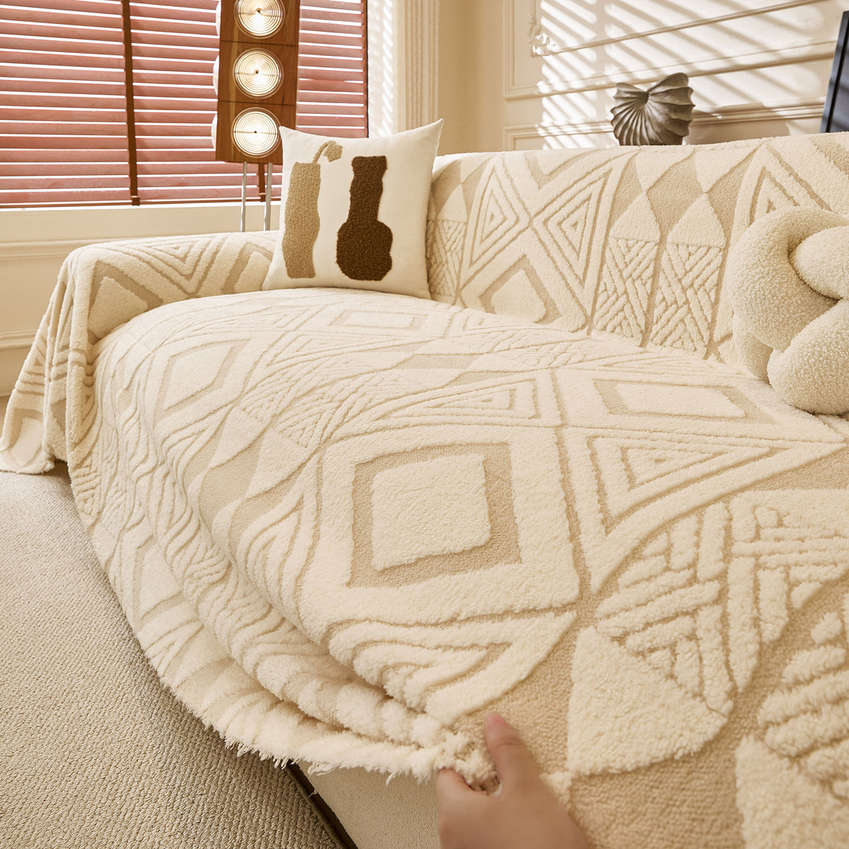 Modern Boho Geometric Plush Sofa Throw Cover, Soft Cozy Textured Slip Cover for Couch