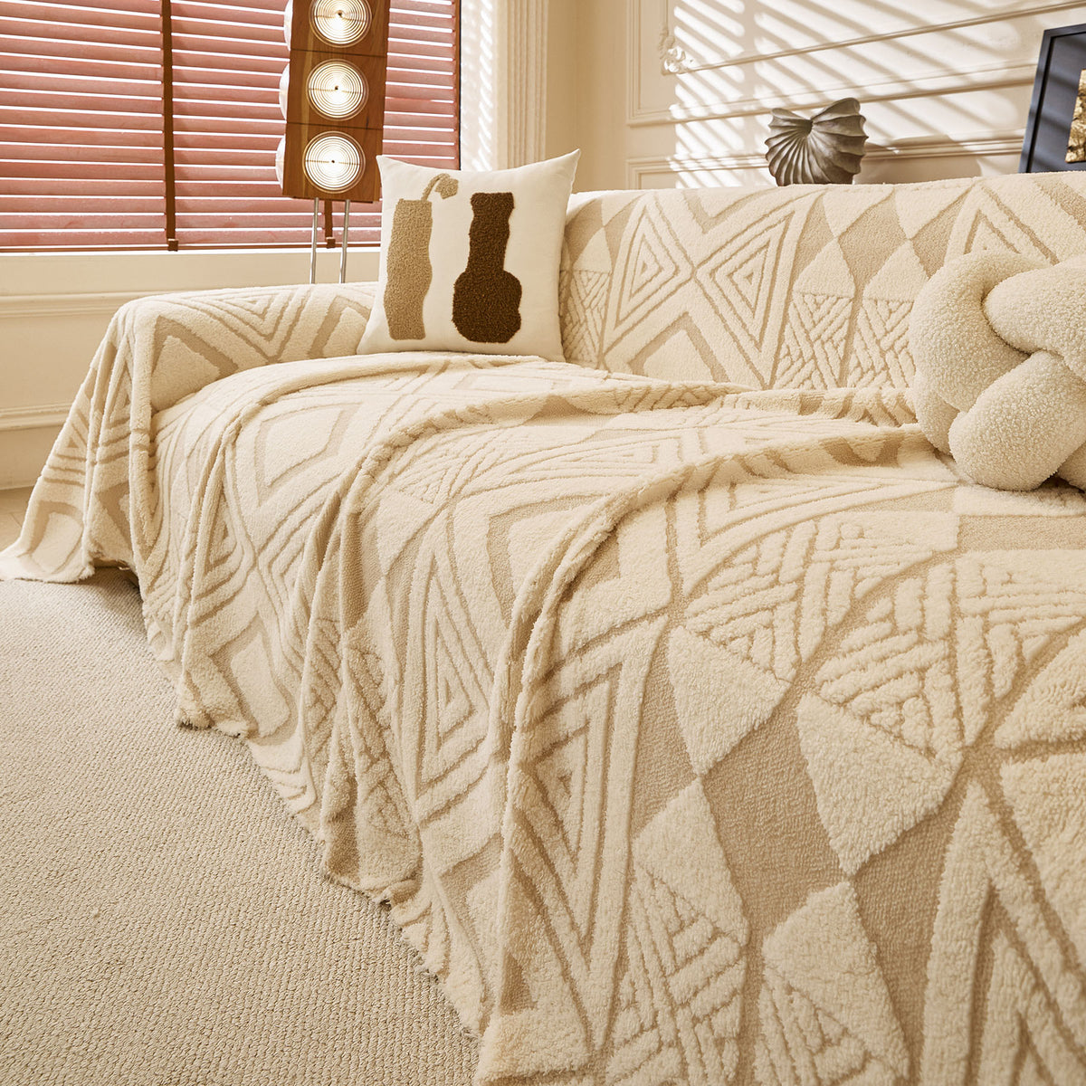 Modern Boho Geometric Plush Sofa Throw Cover, Soft Cozy Textured Slip Cover for Couch