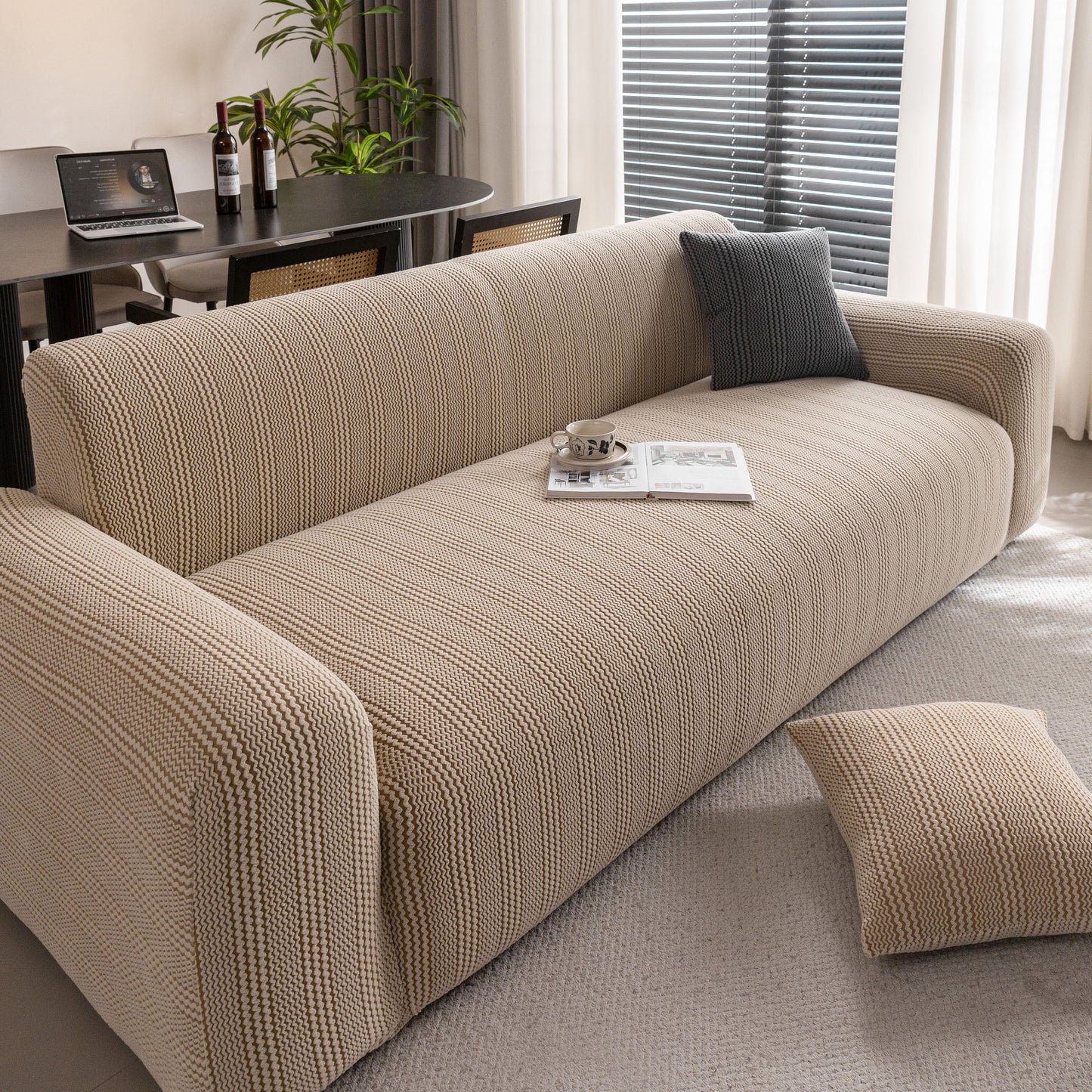 Modern Textured Stretch Sofa Cover, Plush Fleece Sofa Slipcover with 3D Stripe Texture